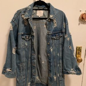 Zara distressed long oversized denim jacket